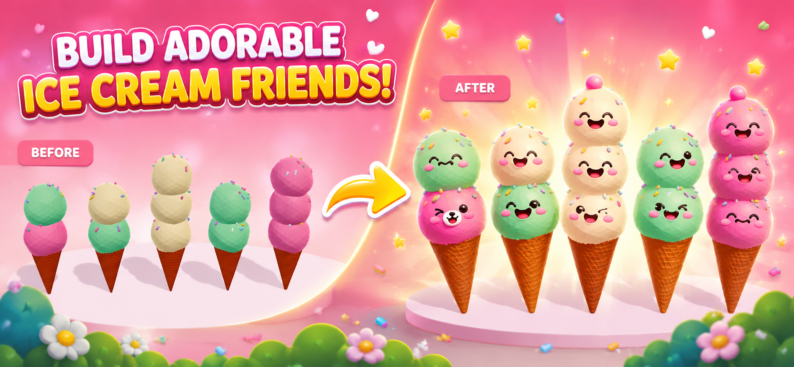 Plain scoops transforming into adorable ice cream characters